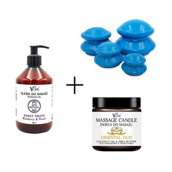 Set: 4 Gummibecher + Massageöl 500 ml + Massagekerze