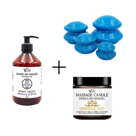Set: 4 Gummibecher + Massageöl 500 ml + Massagekerze